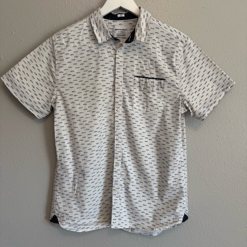 Paper Denim & Cloth‎ Fish Print Button Down Short Sleeve Shirt Size Large Slim